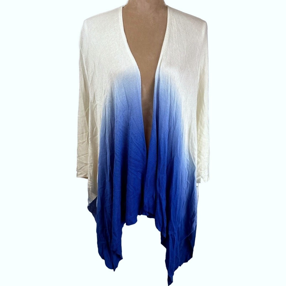 Lauren Ralph Lauren Cardigan Women OS‎ White Blue Ombre Dip Dye Handkerchief Hem